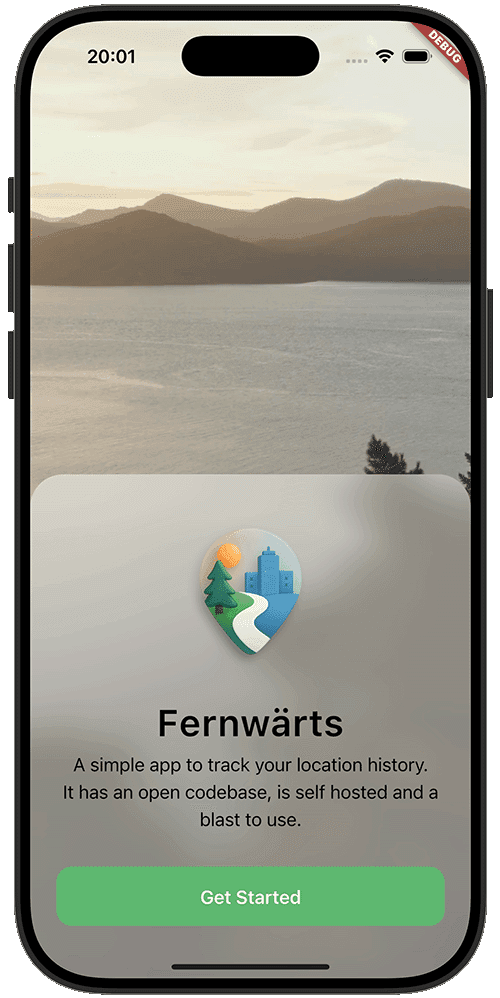 Welcome screen with the Fernwärts logo and a Get Started button